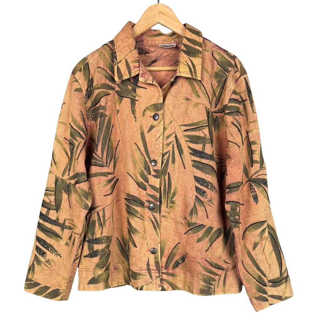 Vintage Chico's Design Jacket Denim Palm Leaf Beaded Embroidered Rust Size 3/XL